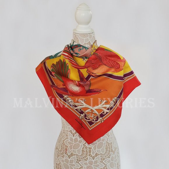 SALVATORE FERRAGAMO SCARF VINTAGE INSPIRED PRINT SILK SQUARE 35" - Picture 6 of 13